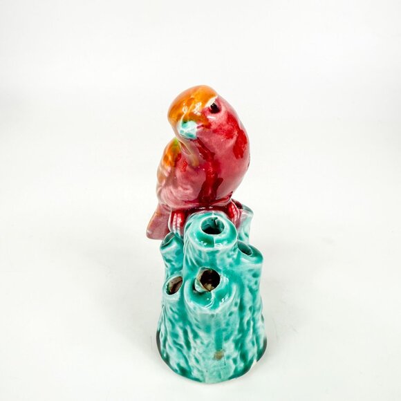 Vintage Majolica Bird Parrot Parakeet Ceramic Flower Frog Made In Japan - Picture 4 of 6